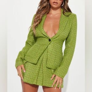 Fashion Nova Strictly Business Tweed Blazer Skirt Set Green